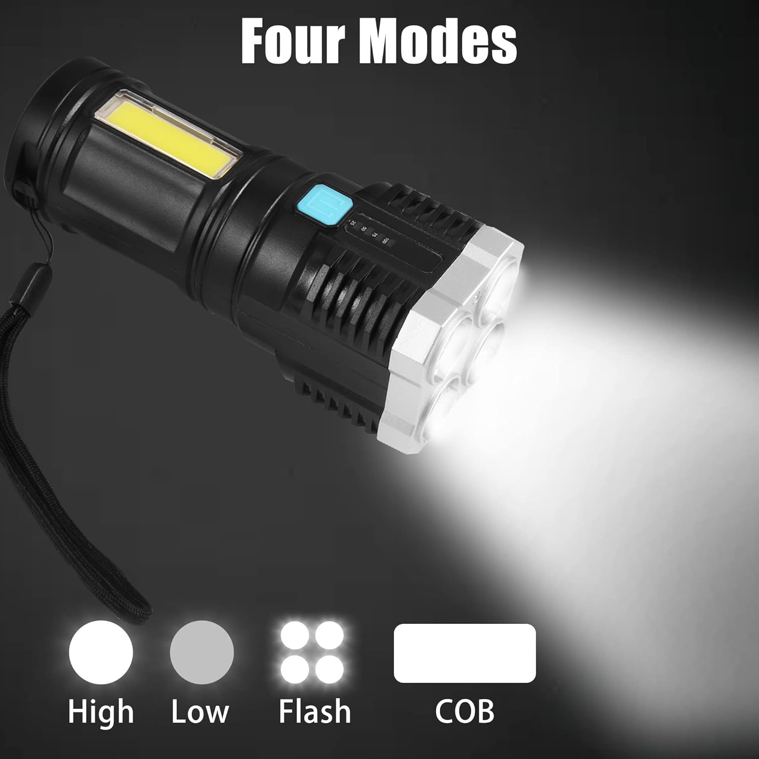 Multifunctional Strong 4 LED Torch Light, Portable Rechargeable Flashlight Long Distance Beam Range 800 Lumens COB Light 4 Mode Emergency for Hiking, Walking, Camping (4 LED Torch)