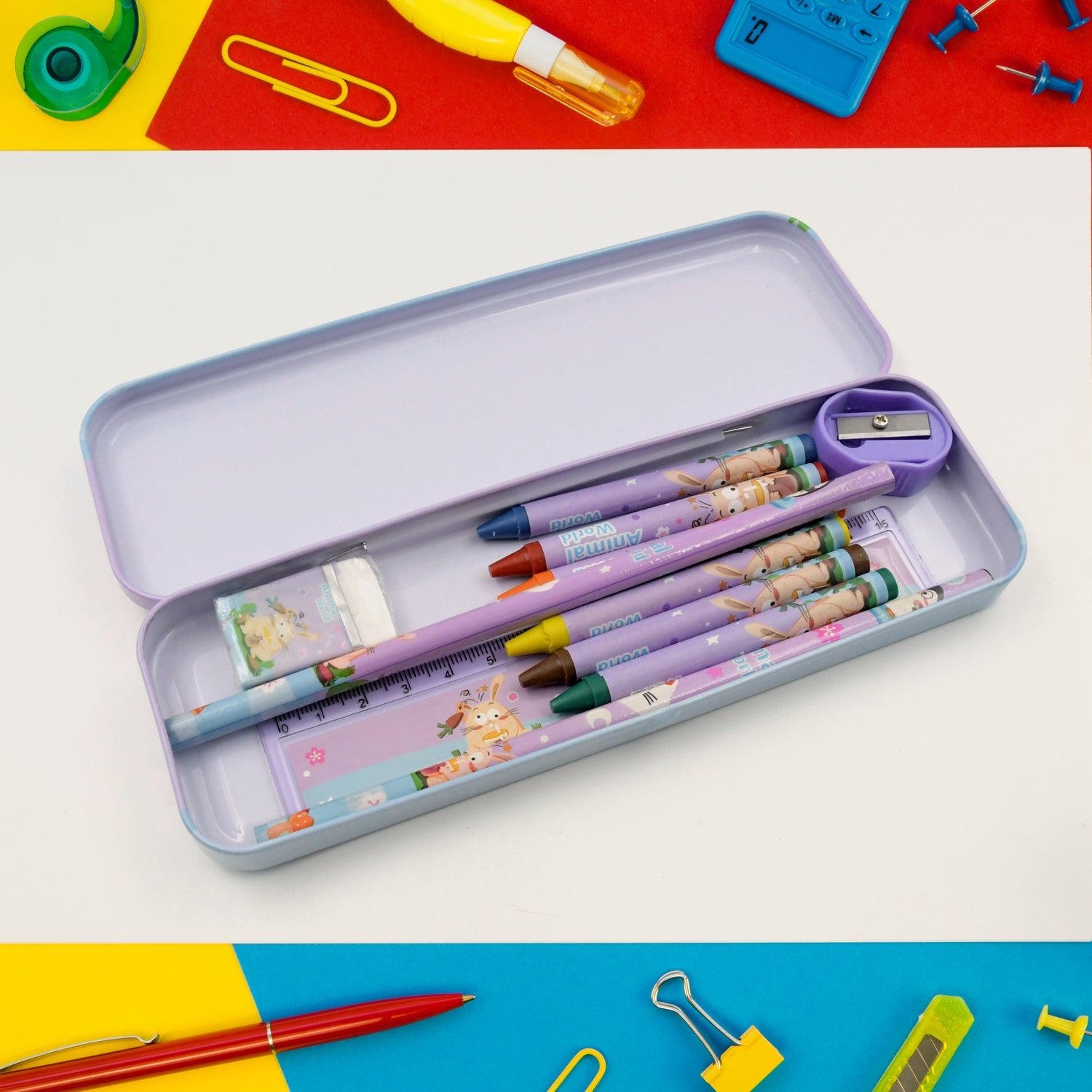 School Supplies Stationery Kit with 1 Pencil Box Case 2 Pencils 6 Crayon Colors 1 Ruler Scale 1 Eraser 1 Sharpener Stationary Kit for Girls Pencil Pen Book Eraser Sharpener Crayons - Stationary Kit Set for Kids Birthday Gift (12 Pc Set)