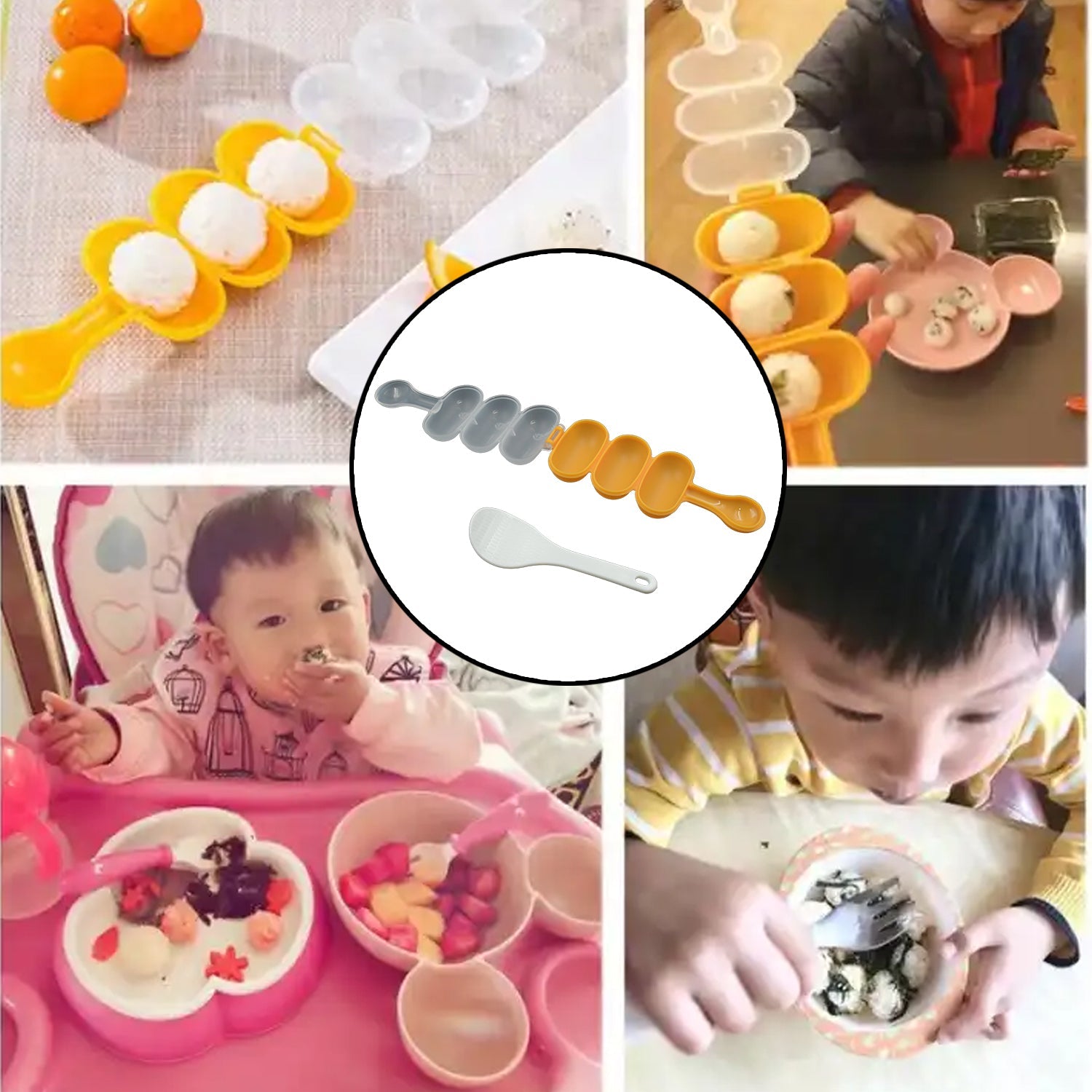 Rice Ball Mold Shaker Sushi Roll Maker 3 Compartment Kitchen Tools for Kids Shake DIY Lunch with a Mini Rice Paddle for Home Party Meal Make, Kids DIY Lunch Maker Mold