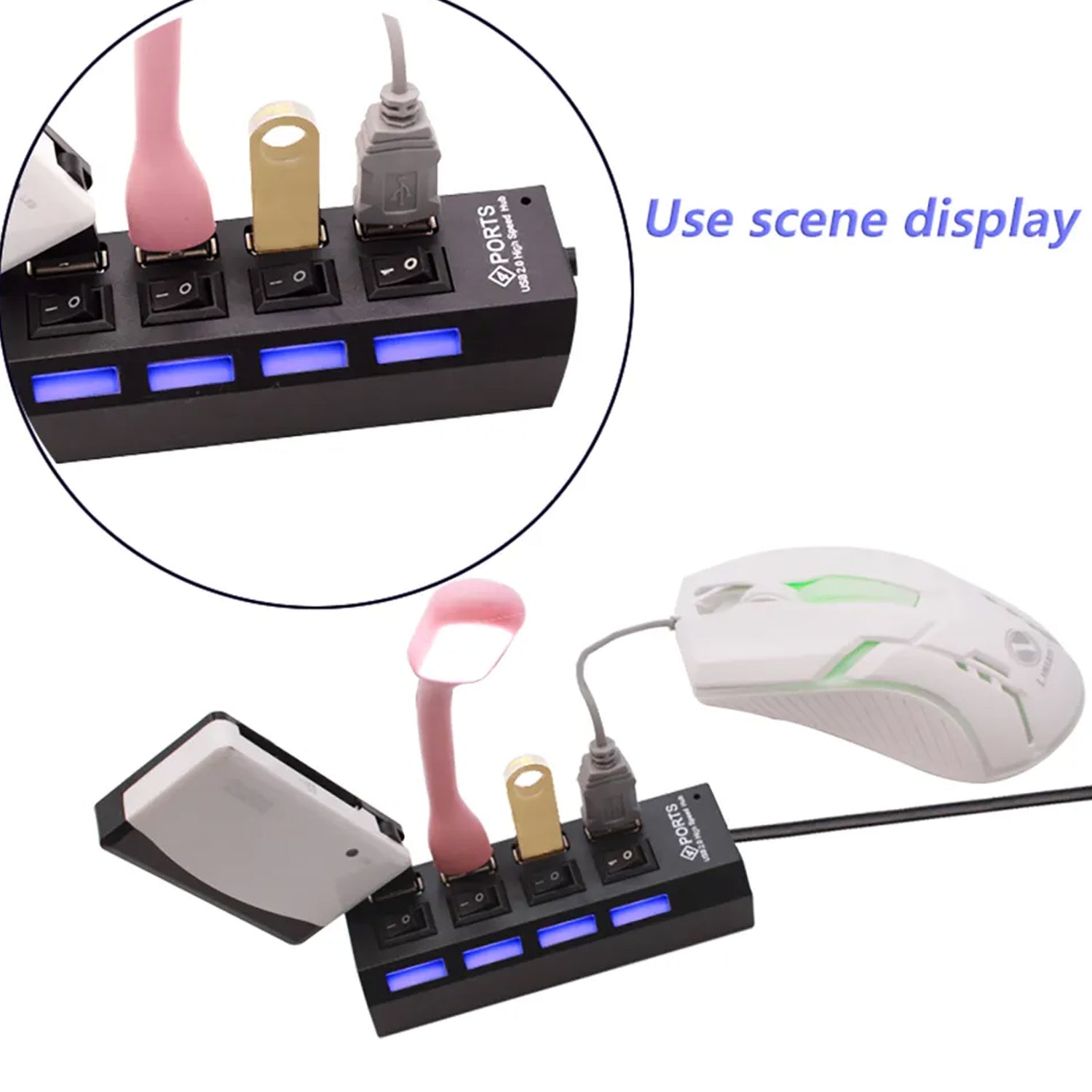 4 Port USB, HUB USB 2.0 HUB Splitter High Speed with On/Off Switch Multi LED Adapter Compatible with Tablet Laptop Computer Notebook