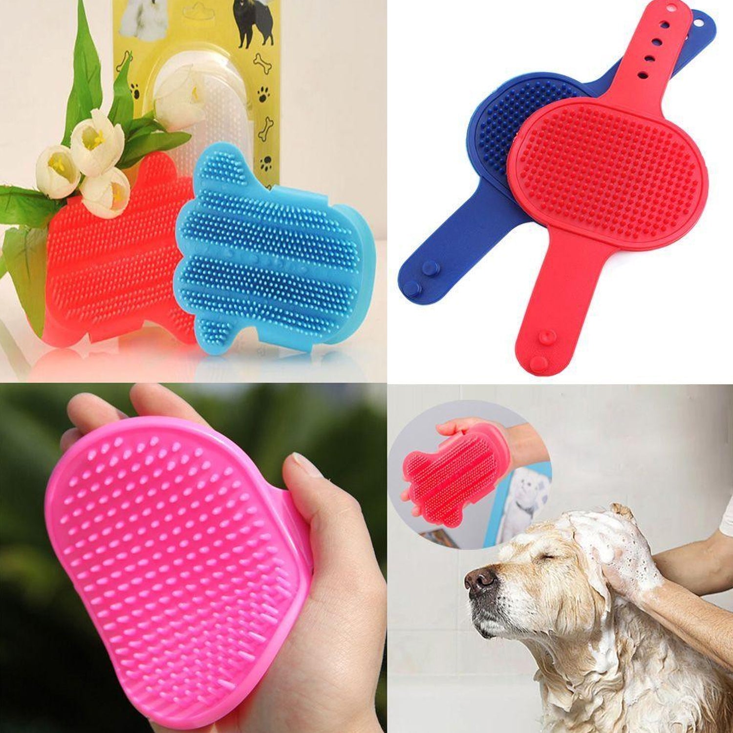 Dog Bath Brush Dog Grooming Brush, Pet Shampoo Bath Brush Soothing Massage Rubber Comb with Adjustable Ring Handle for Long Short Haired Dogs (1 Pc)