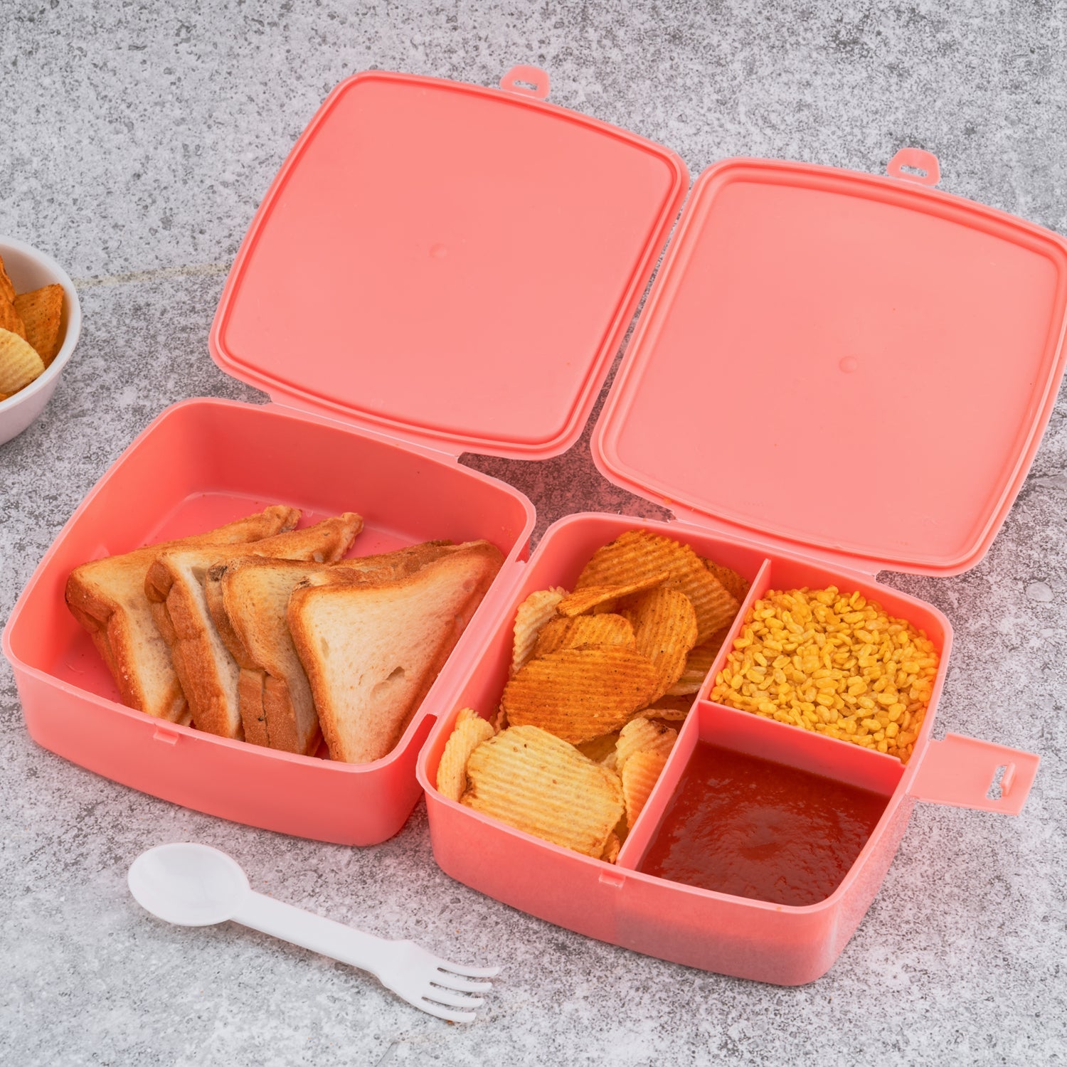 Double-Layer Square Lunch Box with  Spoon , 4 Compartment Tiffin & Push Lock , Plastic Tiffin Box for Travelling, School Kids & Office Exclusive, Home