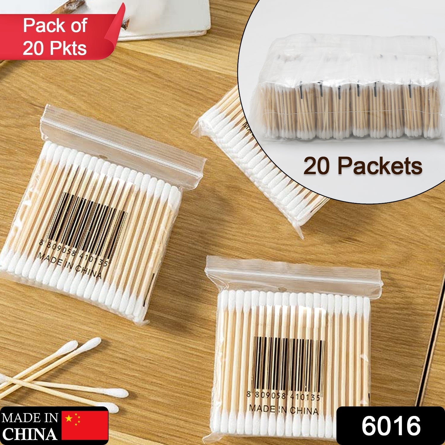 6016 Cotton Swabs Bamboo with Wooden Handles for Makeup Clean Care Ear Cleaning Wound Care Cosmetic Tool Double Head Biodegradable Eco Friendly (pack of 20) 