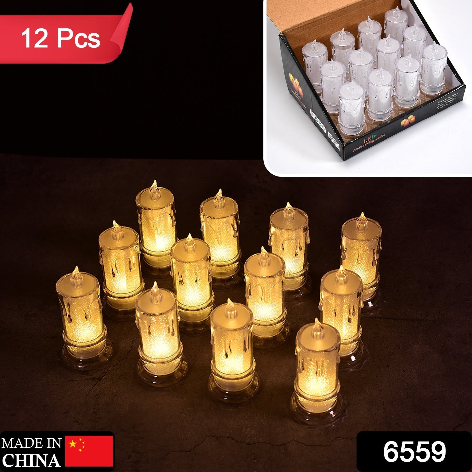 6559 BIG SIZE FLAMELESS MELTED DESIGN CANDLES FOR DECORATION (SET OF 12PC) 