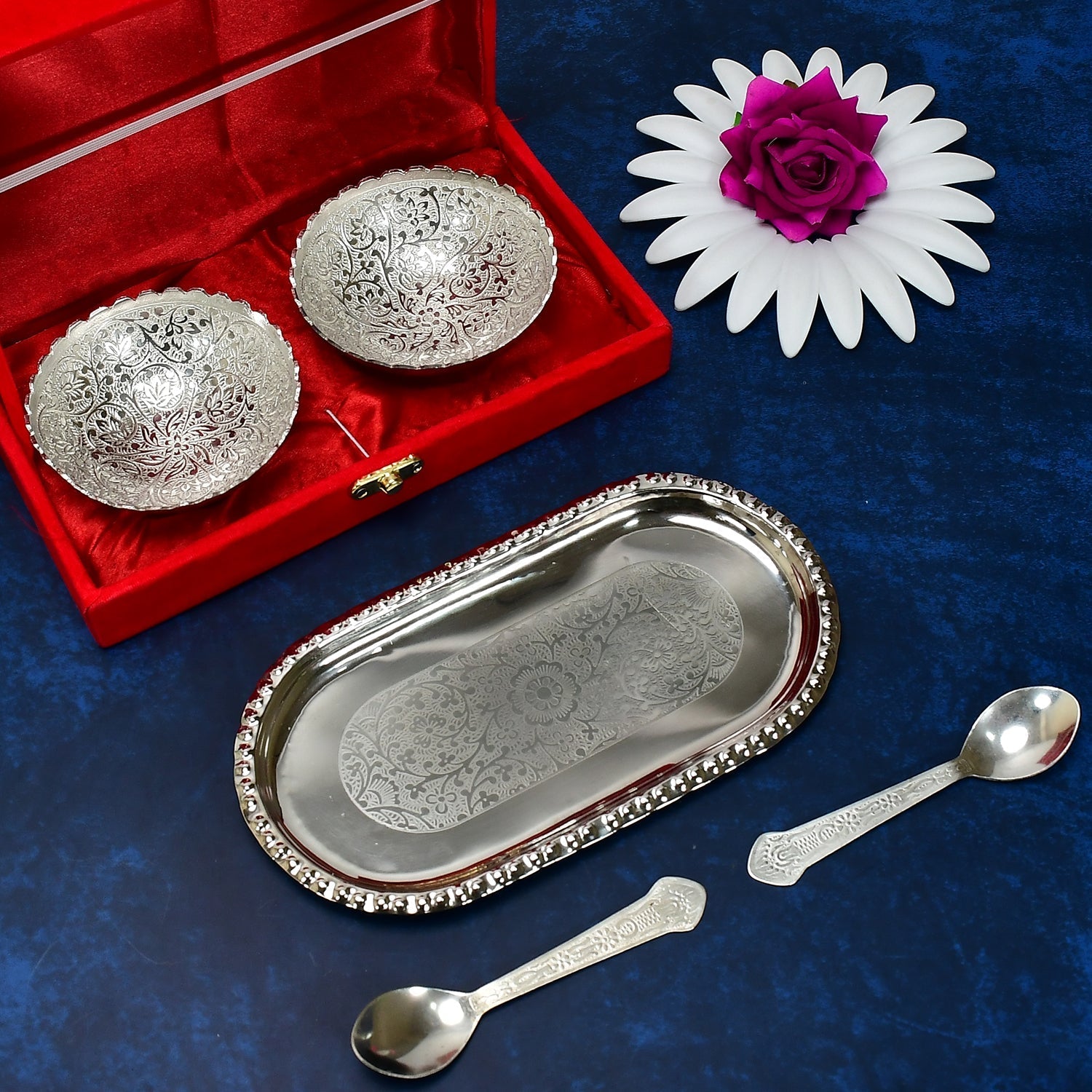 2947A Silver Plated 2 Bowl 2 Spoon Tray Set Brass with Red Velvet Gift Box Serving Dry Fruits Desserts Gift, Bartan 