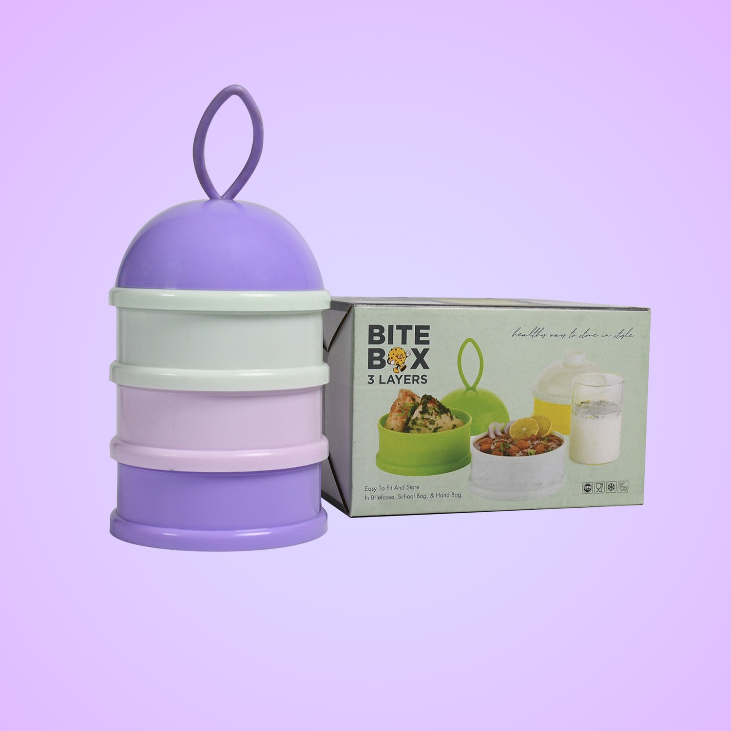 3 Layer Cute Portable Baby Food Milk Powder Storage Box Bottle Container Milk Powder Baby Food Container Bowl. (Purple)