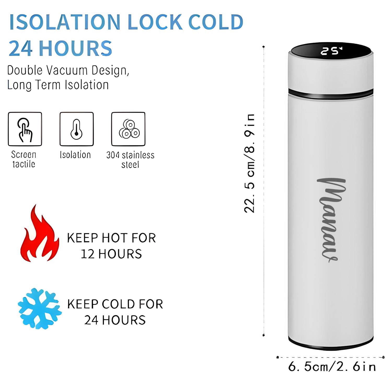 Customized/Personalized Stainless Steel Smart Water Bottle with Smart LCD Temperature Touch | Gifting Custom Name Water Bottle | Gifts for Boyfriend/Girlfriend/Employee | 500ML