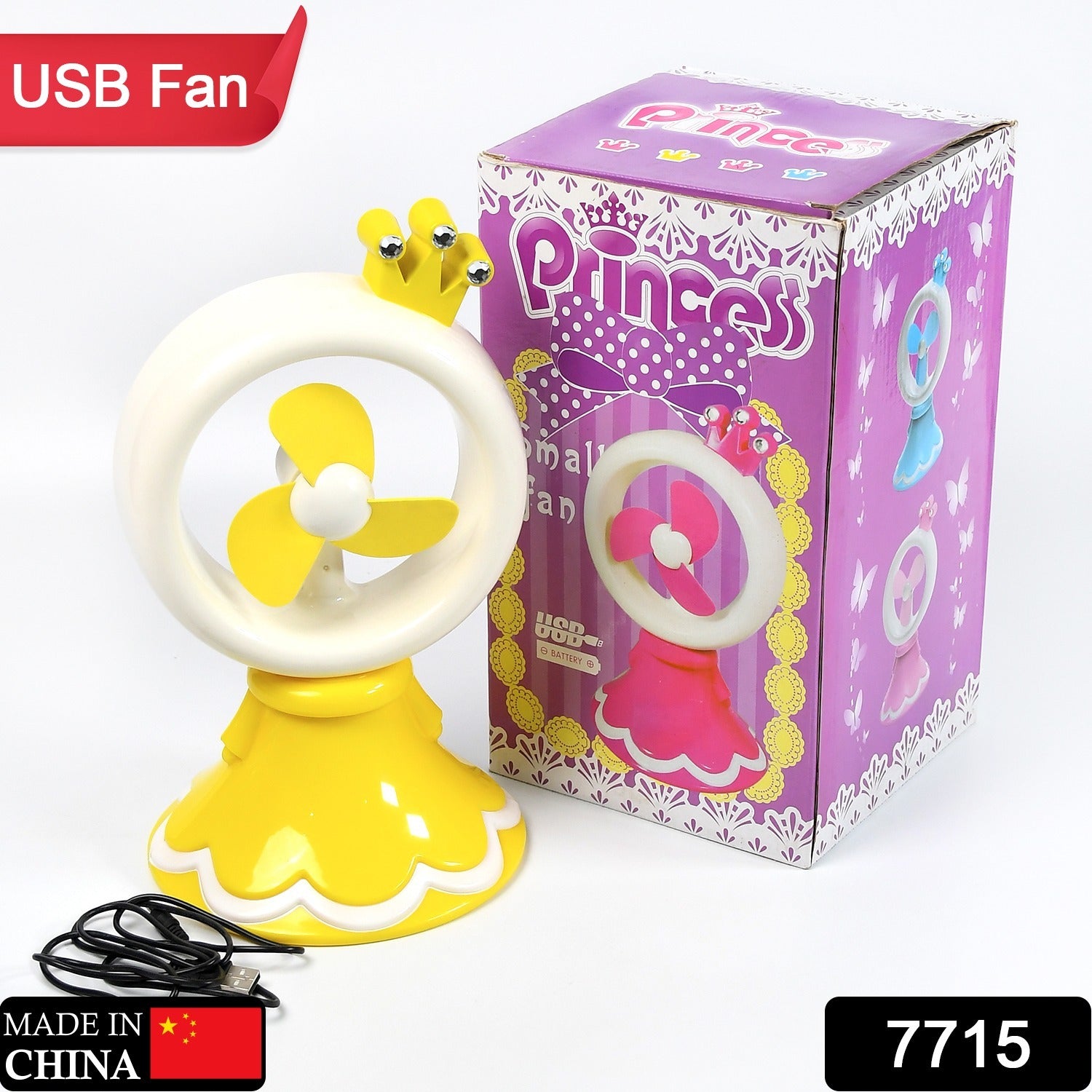 7715 PRINCESS PORTABLE FAN BRIGHT COLOR DESKTOP OFFICE USB & BATTRY OPERATE FAN 