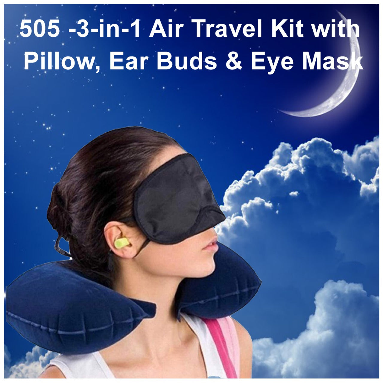 505 -3-in-1 Air Travel Kit with Pillow, Ear Buds & Eye Mask MPS Traders WITH BZ LOGO