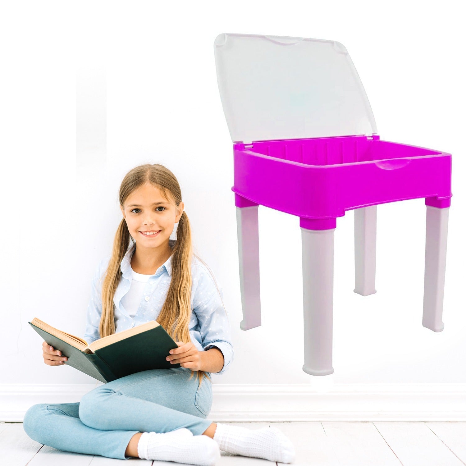 Study Table And Chair Set For Boys And Girls With Small Box Space For Pencils Plastic High Quality Study Table (Pink)